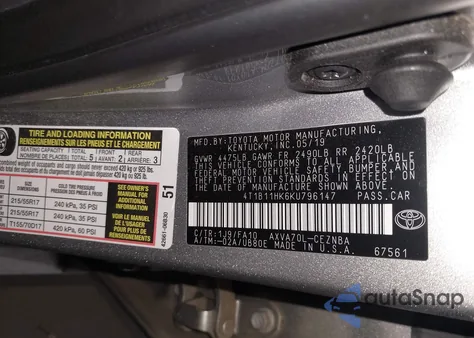 2019 Toyota Camry Le z USA, uszkodzony, nr VIN 4T1B11HK6KU796147